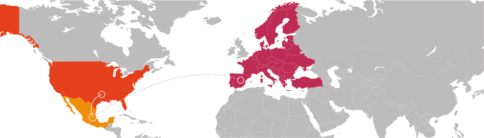 Mapa de cobertura Yego Fulfillment: México, Estados Unidos y Europa